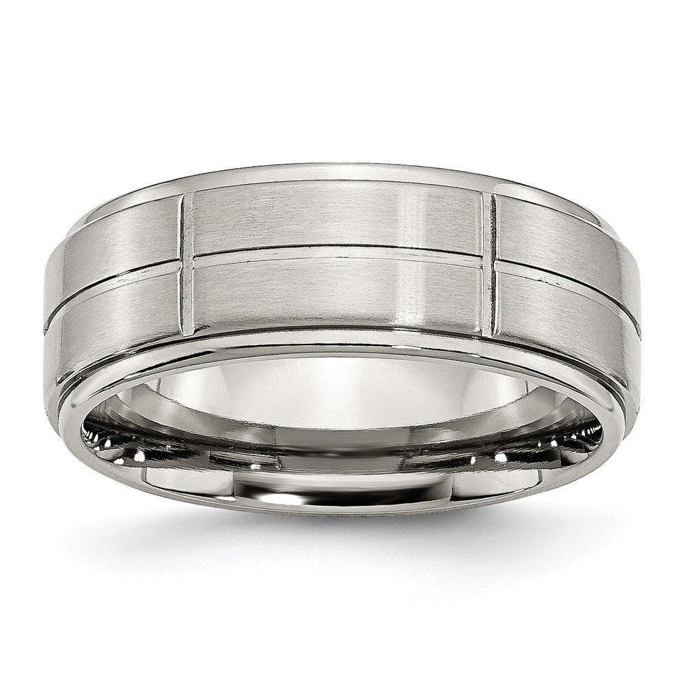 Stainless Steel Wedding Band with Grooved Brushed Polished Edge Engravable by Sophia Jewelers