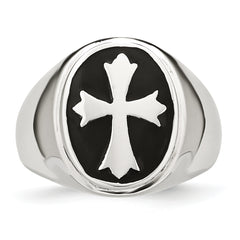 Stainless Steel Polished Black Enameled Cross Ring