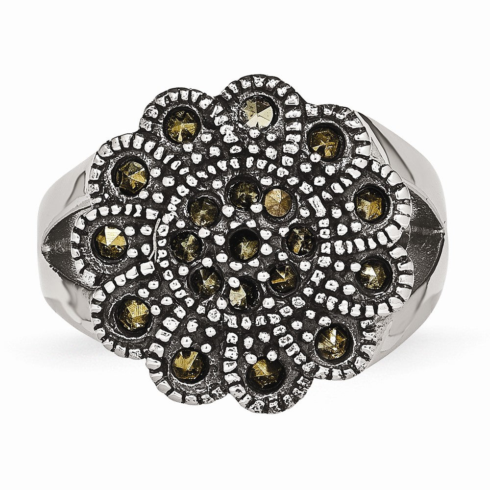 Stainless Steel Textured Flower Marcasite Ring with Polished Finish