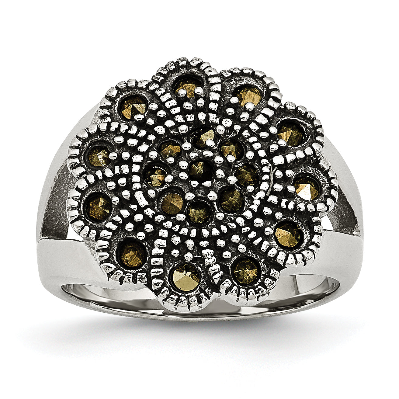 Stainless Steel Textured Flower Marcasite Ring