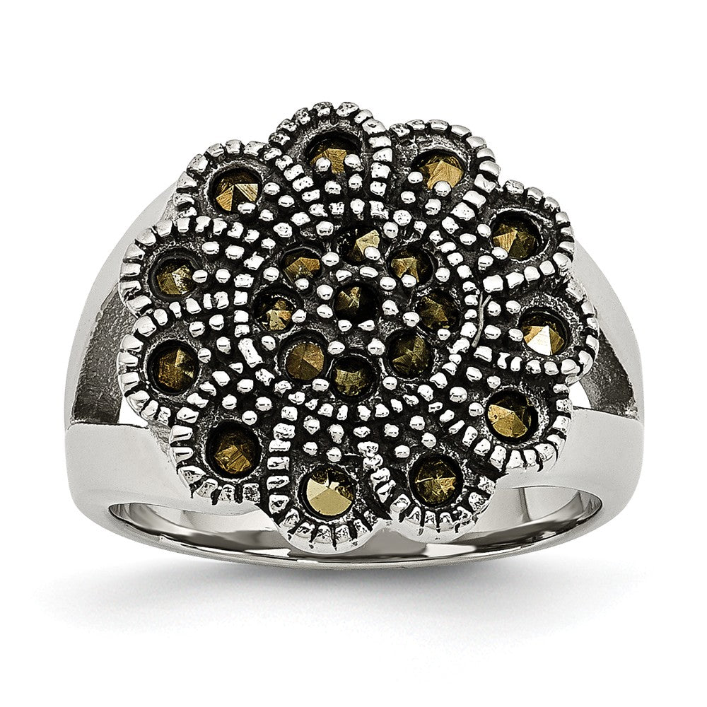 Stainless Steel Textured Flower Marcasite Ring with Polished Finish