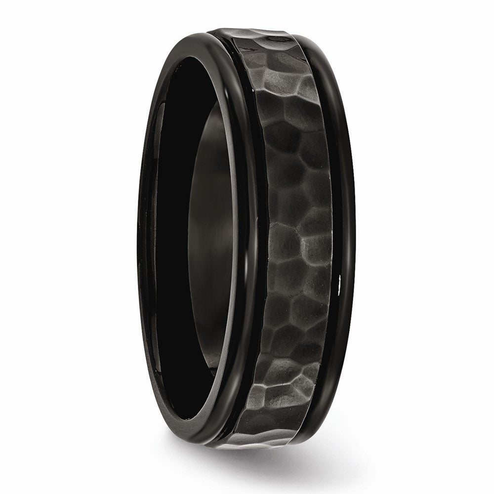 Stainless Steel 7mm Black IP-plated Hammered and Polished Band