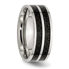 Stainless Steel Polished with Double Row Black Carbon Fiber Inlay 8mm Band