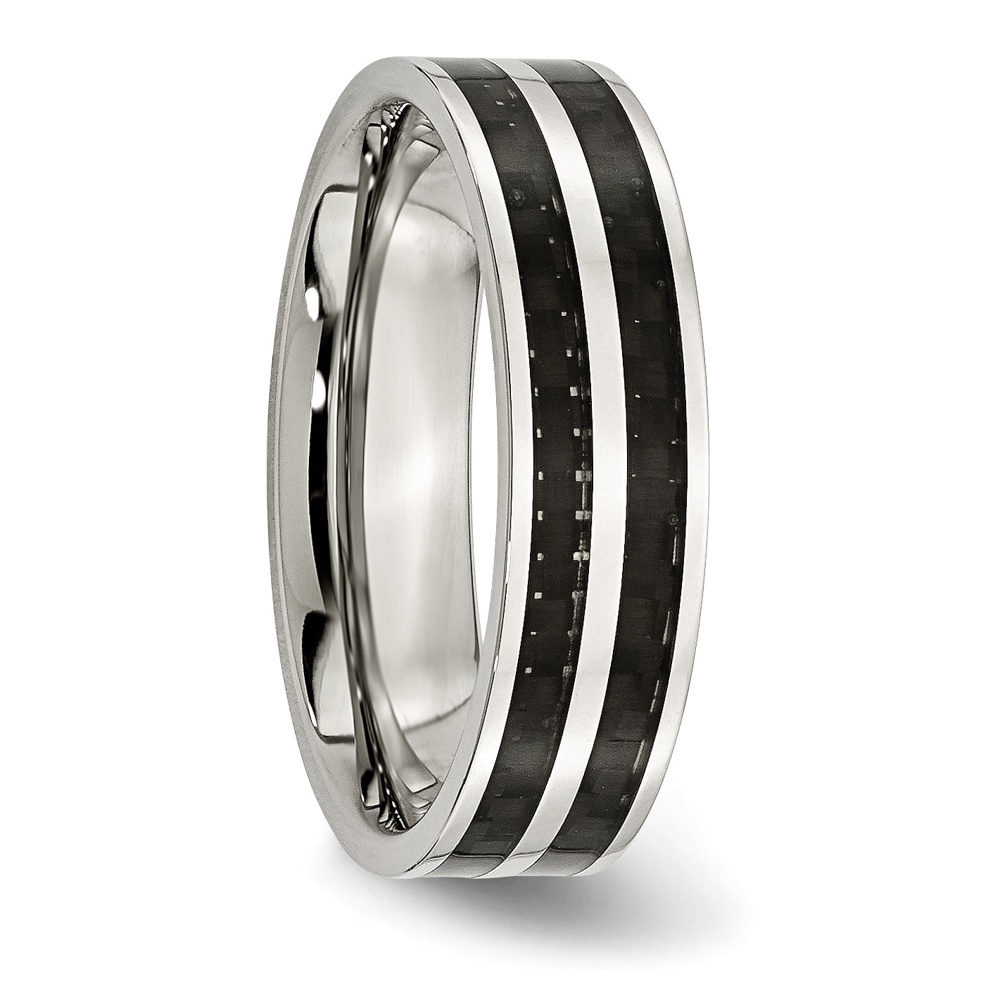 Stainless Steel Polished with Double Row Black Carbon Fiber Inlay 6mm Band