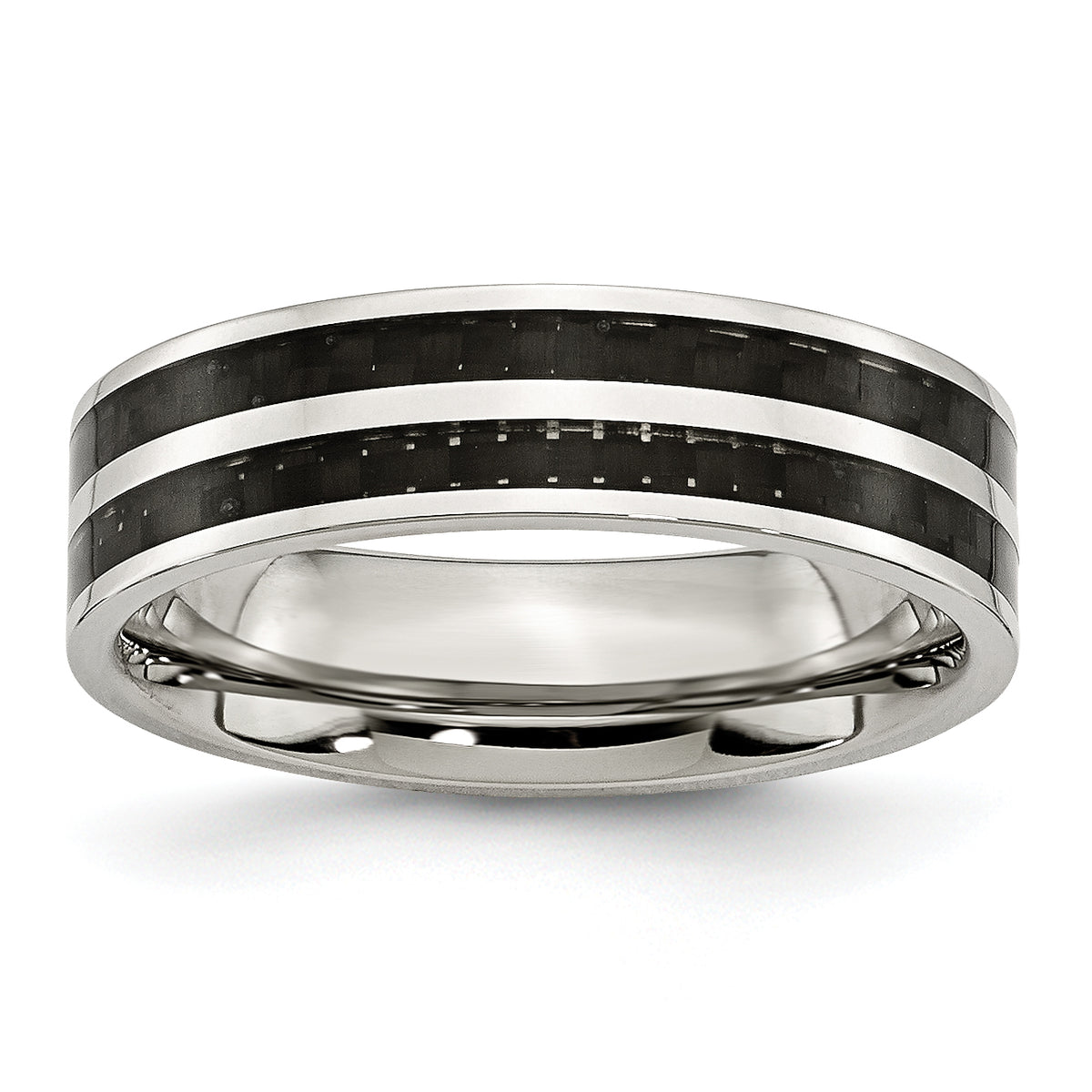 Stainless Steel Polished with Double Row Black Carbon Fiber Inlay 6mm Band