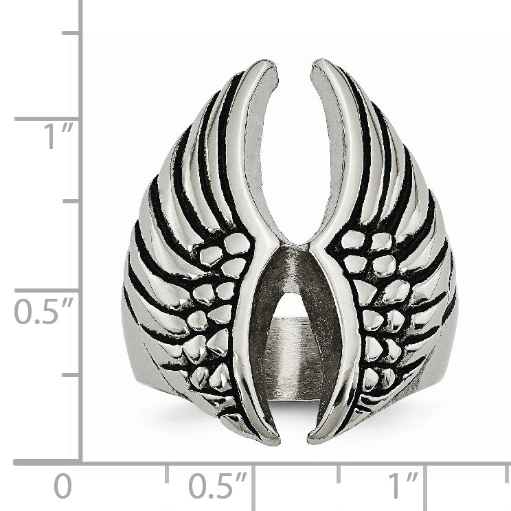 Stainless Steel Polished and Antiqued Wings Ring