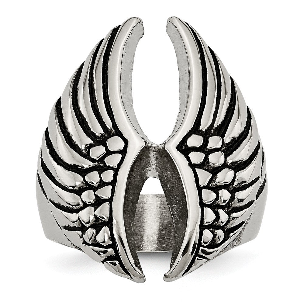 Stainless Steel Polished and Antiqued Wings Ring