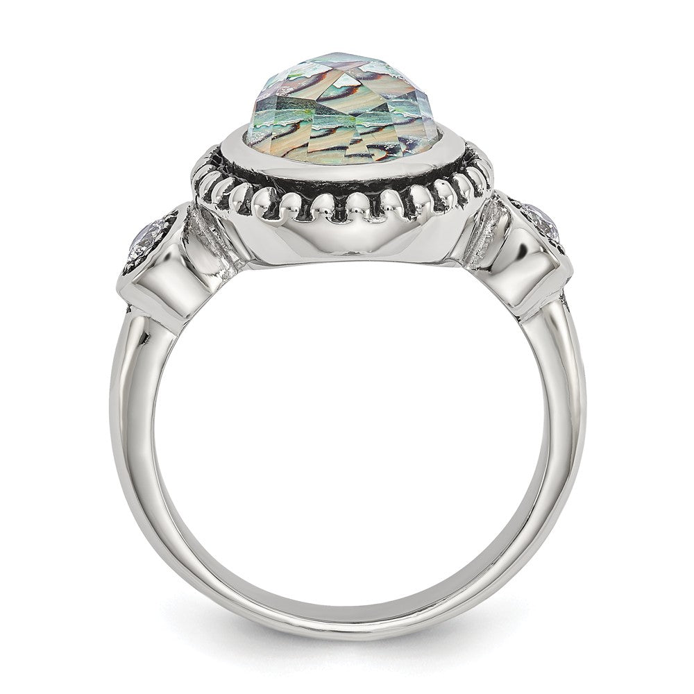 Stainless Steel Polished and Antiqued Synthetic Abalone and CZ Ring