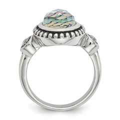 Stainless Steel Antiqued and Polished Imitation Abalone and CZ Ring