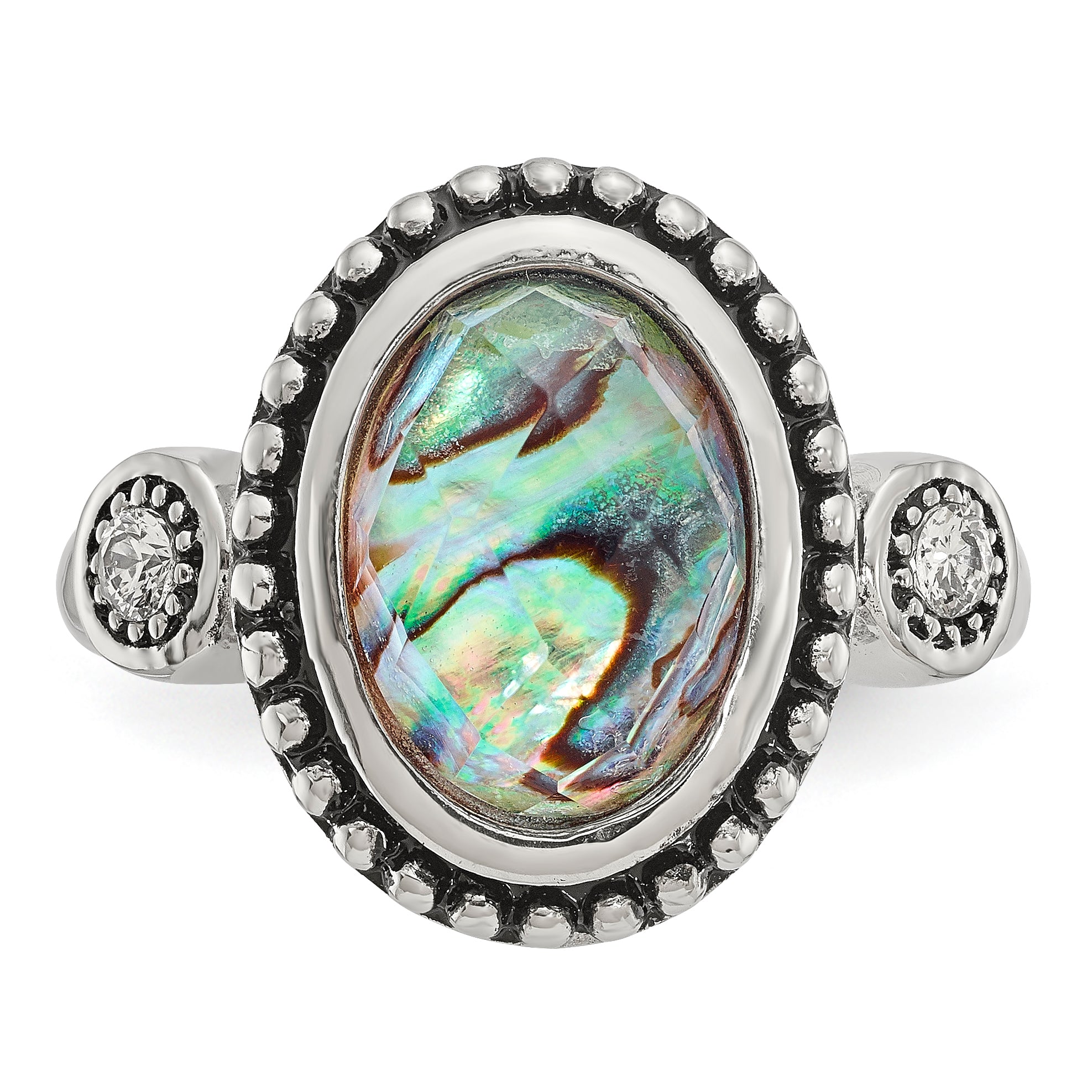 Stainless Steel Antiqued and Polished Imitation Abalone and CZ Ring