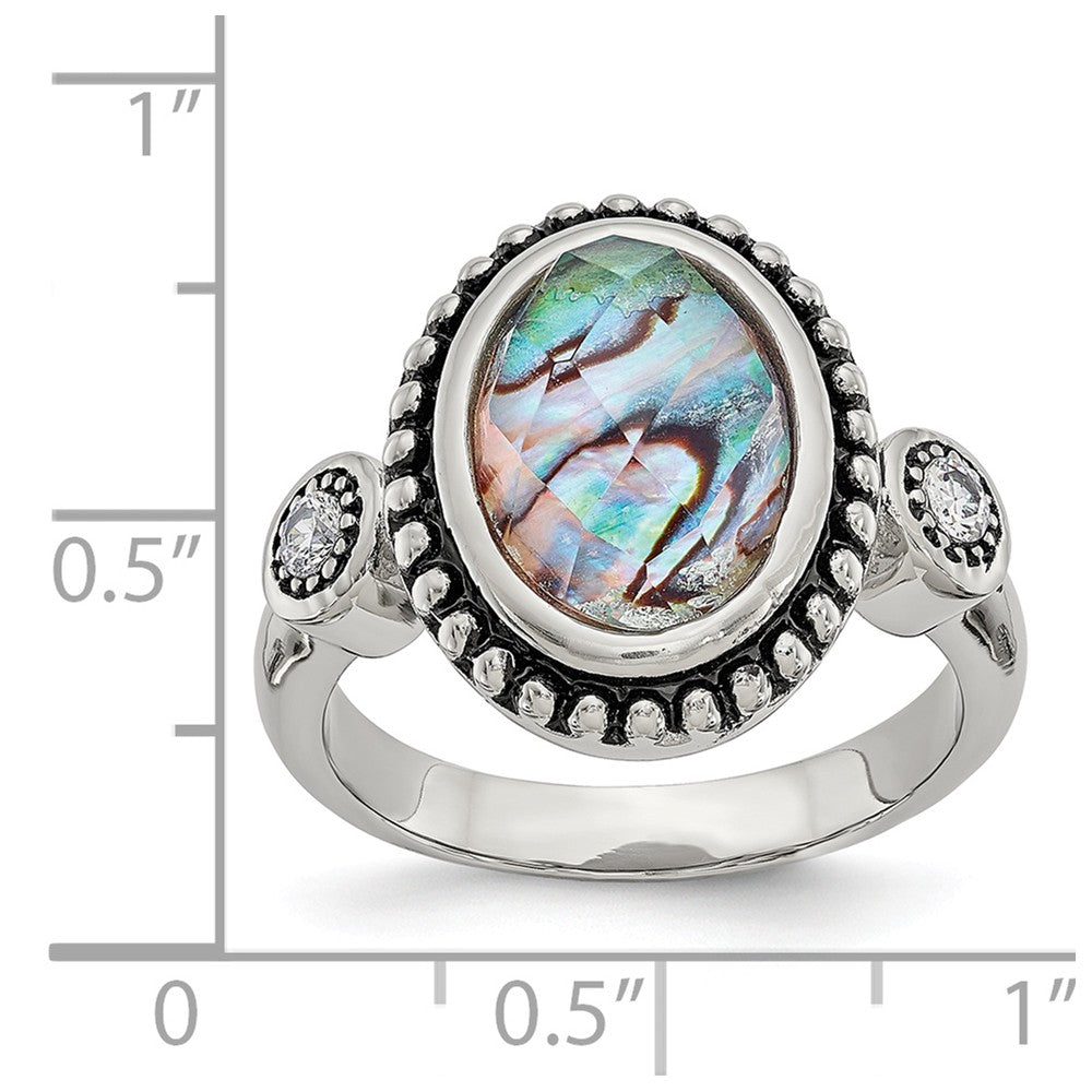 Stainless Steel Ring with Polished Abalone and CZ Stones