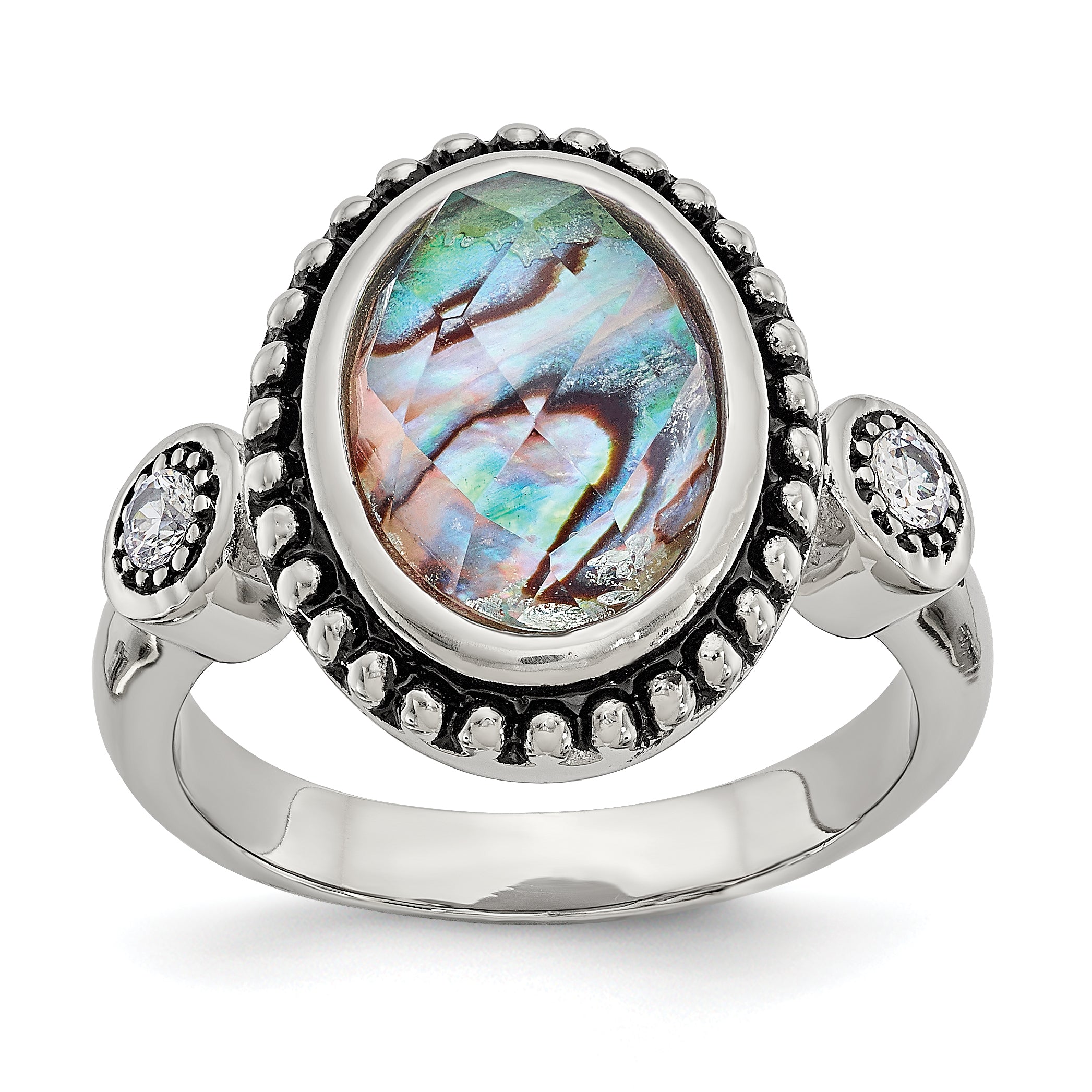 Stainless Steel Antiqued and Polished Imitation Abalone and CZ Ring