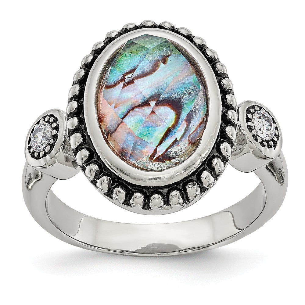 Stainless Steel Ring with Polished Abalone and CZ Stones