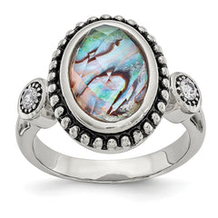 Stainless Steel Polished and Antiqued Synthetic Abalone and CZ Ring