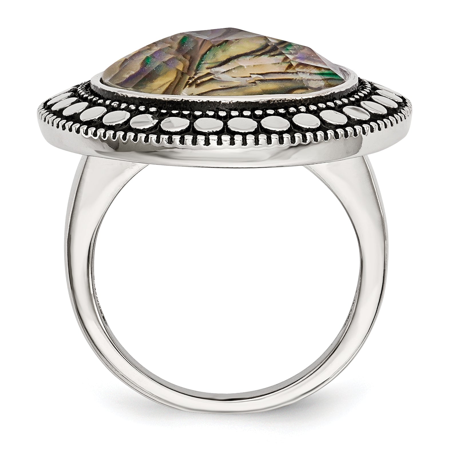 Stainless Steel Antiqued and Polished Imitation Abalone Ring