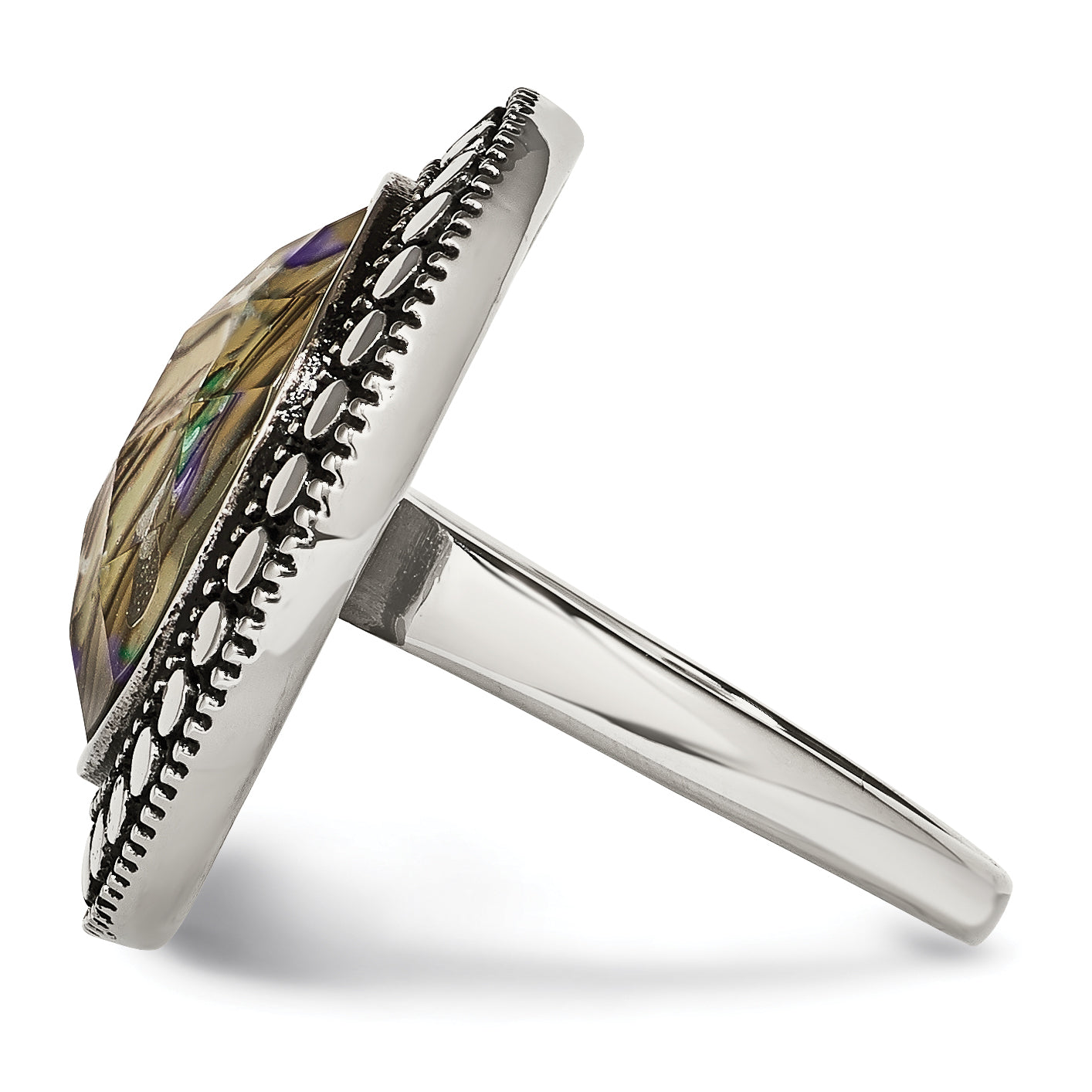 Stainless Steel Antiqued and Polished Imitation Abalone Ring