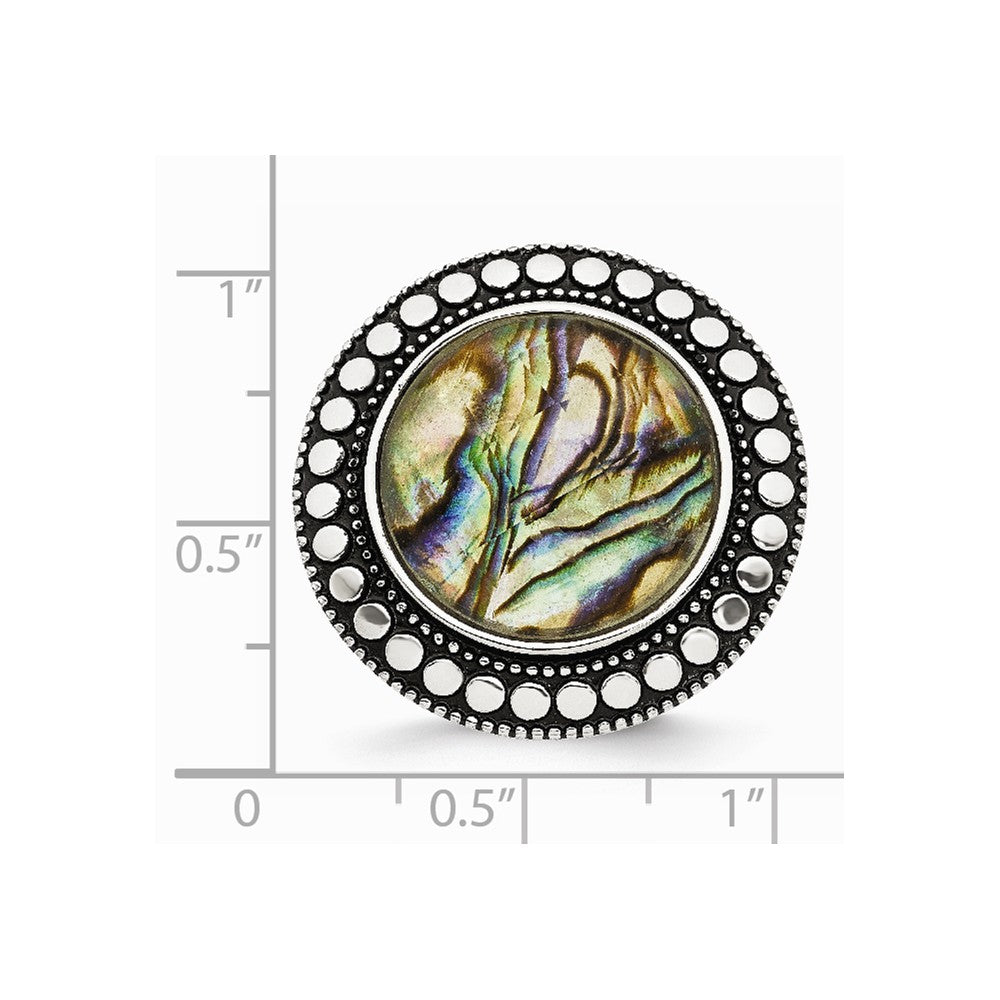 Stainless Steel Polished and Antiqued Synthetic Abalone Ring