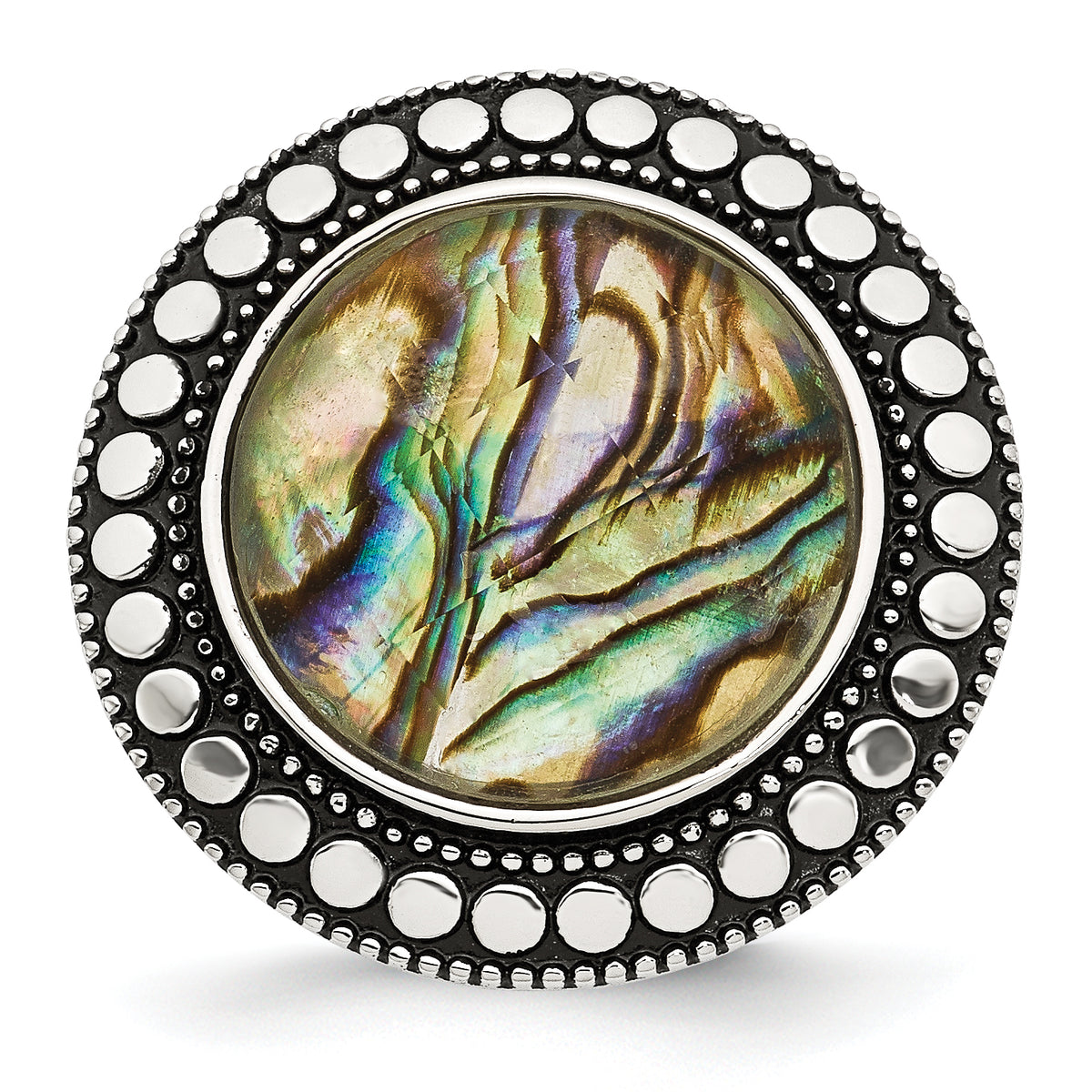 Stainless Steel Antiqued and Polished Imitation Abalone Ring