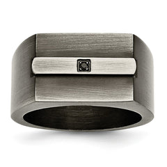 Stainless Steel Antiqued Brushed w/Black CZ Ring