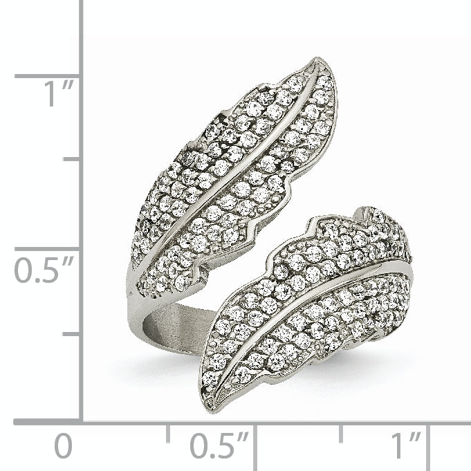 Stainless Steel Polished Leaf with CZs Ring