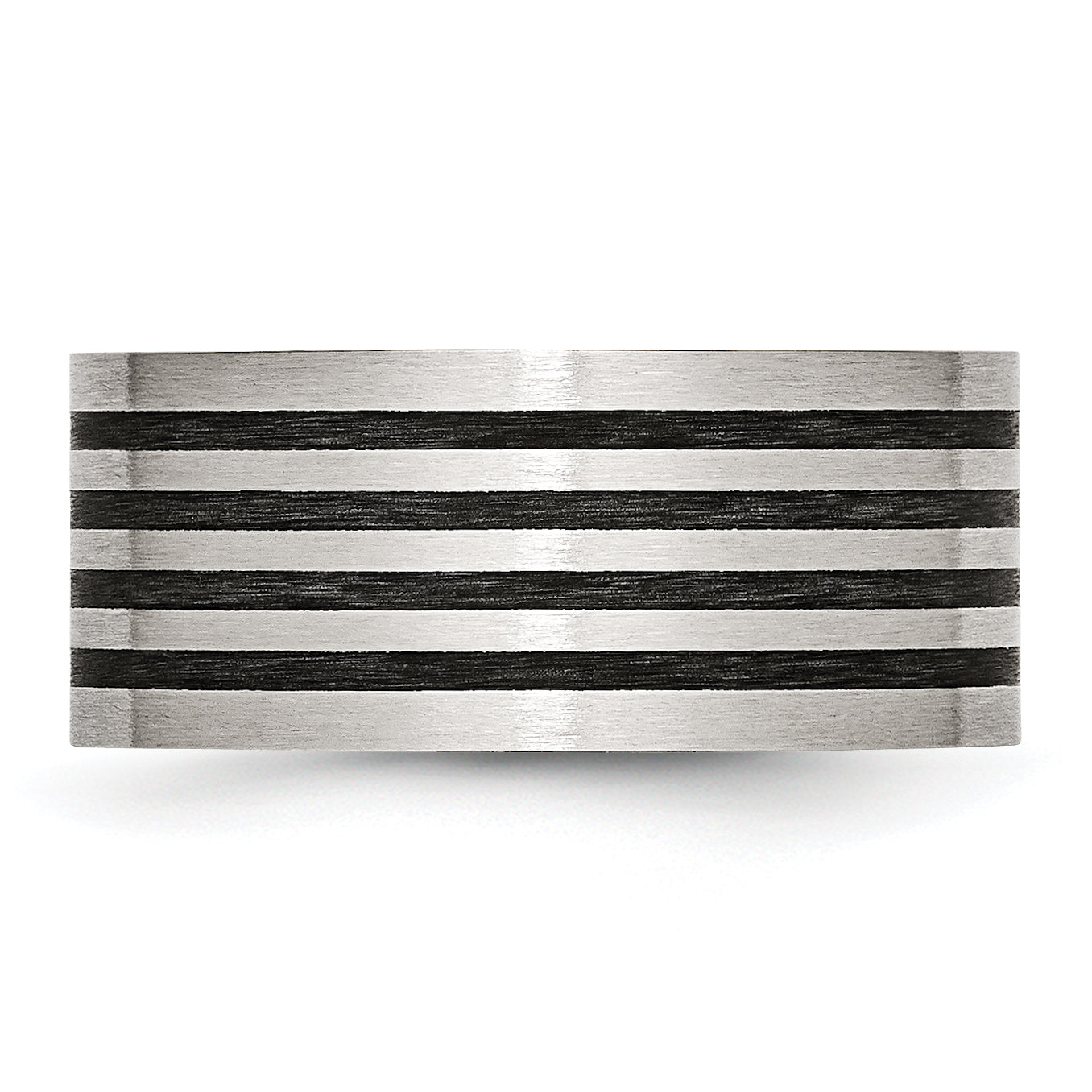 Stainless Steel Brushed WithBlack Rubber Stripes 10mm Flat Band