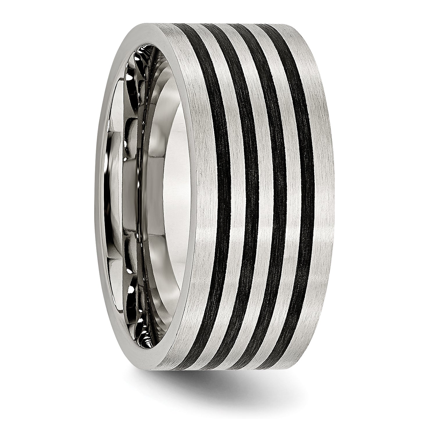 Stainless Steel Brushed WithBlack Rubber Stripes 10mm Flat Band