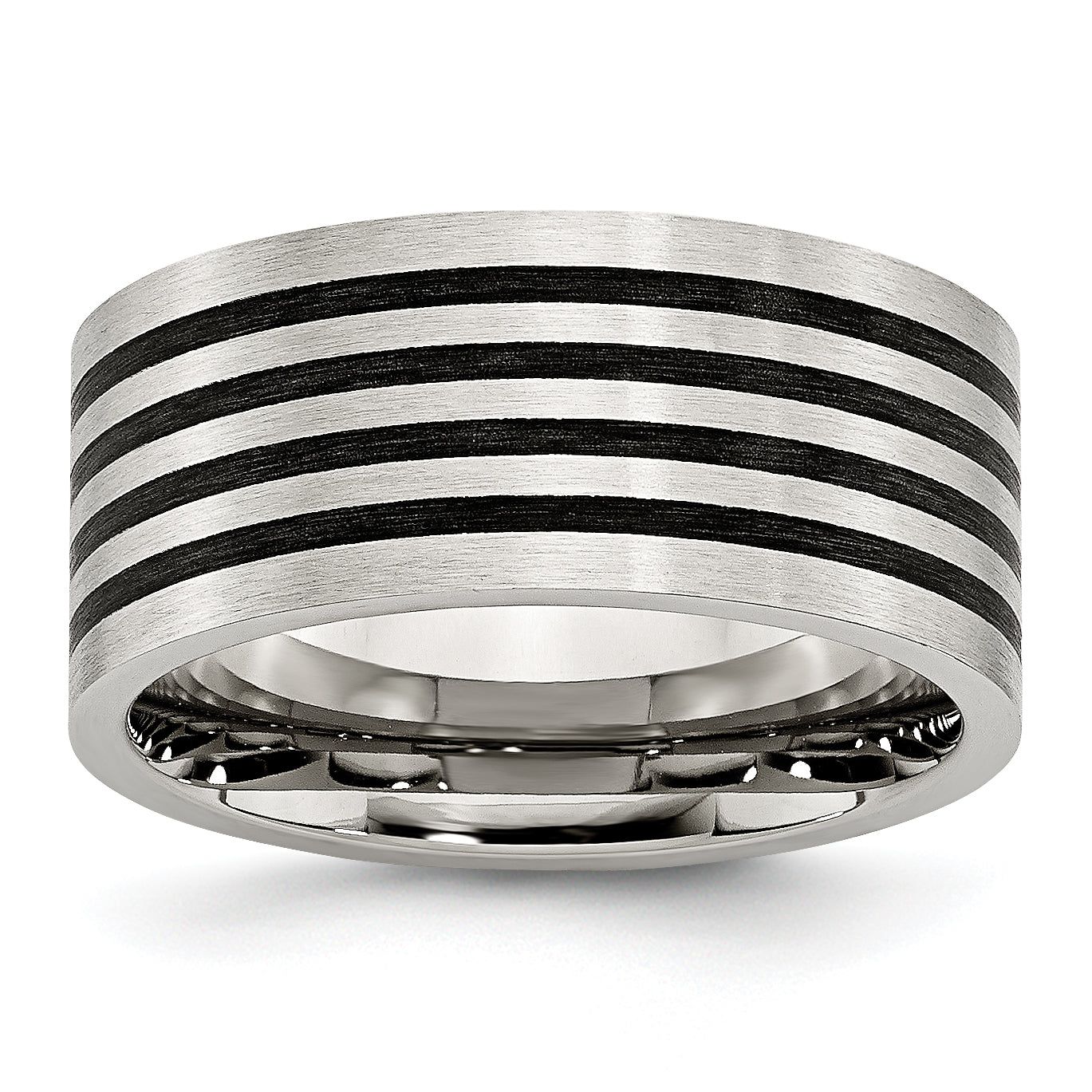 Stainless Steel Brushed WithBlack Rubber Stripes 10mm Flat Band