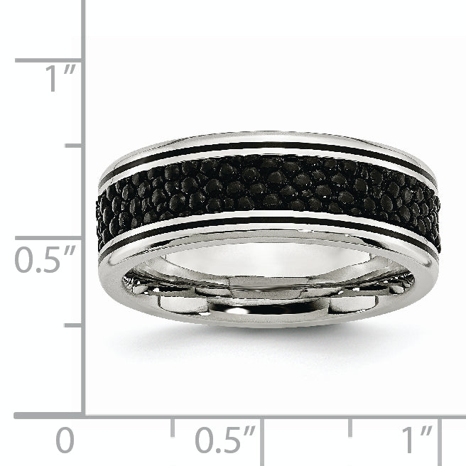 Stainless Steel Polished Grooved with Genuine Stingray Textured 8mm Band