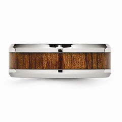 Stainless Steel Polished Red/Orange Wood Enameled 8.00mm Ring