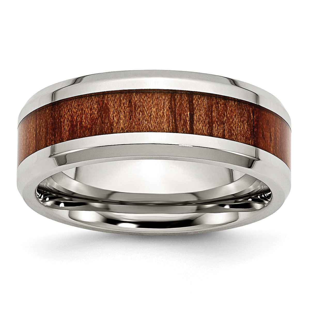 Stainless Steel Polished Red/Orange Koa Wood Enameled 8mm Band