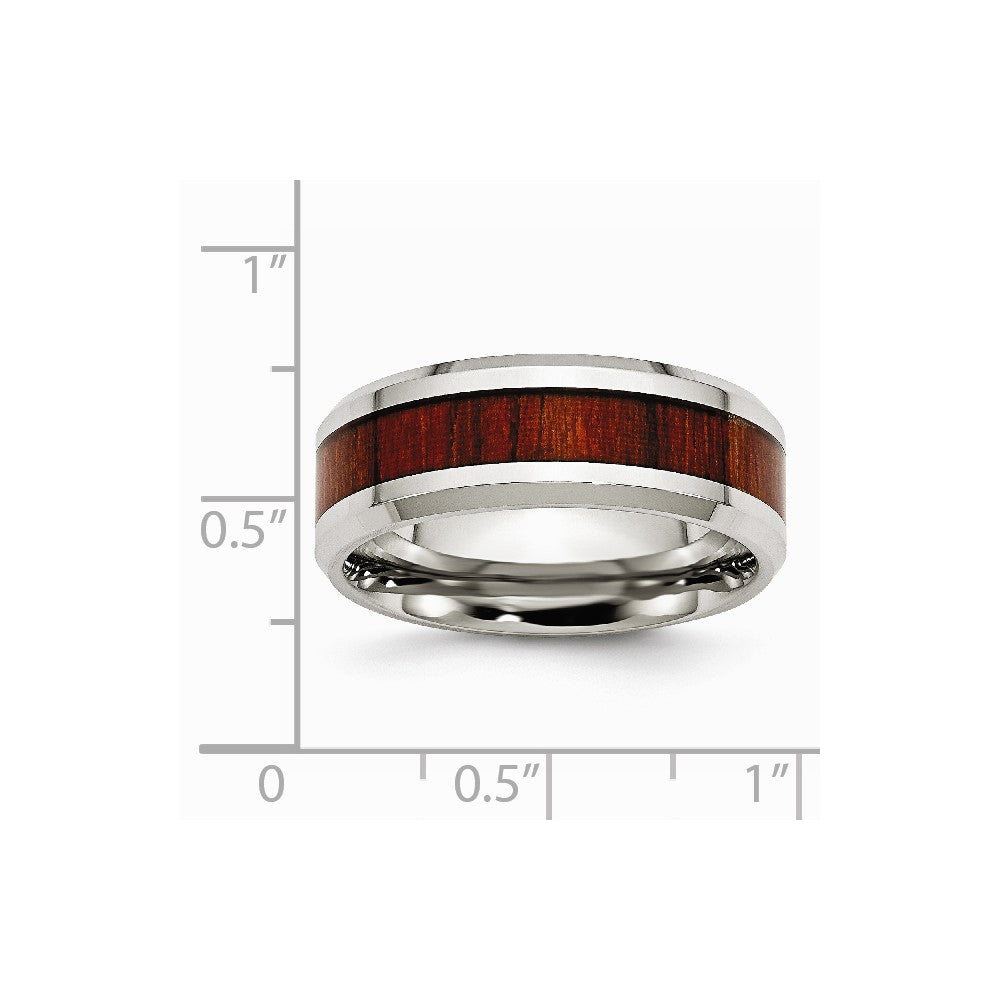 Stainless Steel Polished Red Wood Inlay Enameled 8.00mm Ring