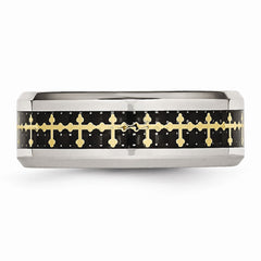 Stainless Steel Polished w/Carbon Fiber Inlay/Yellow IP-plated Cross Ring