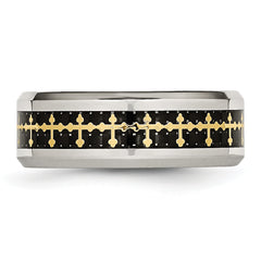 Stainless Steel Polished Yellow IP WithCarbon Fiber Inlay Cross 8mm Band