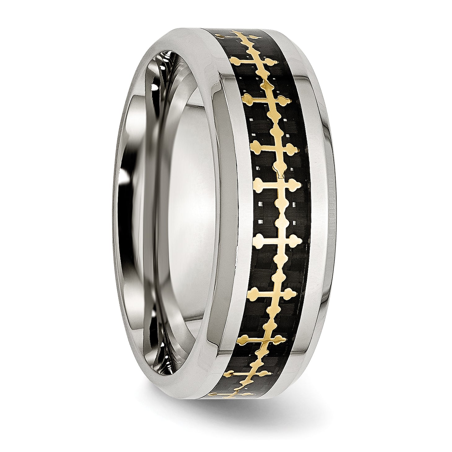 Stainless Steel Polished Yellow IP WithCarbon Fiber Inlay Cross 8mm Band