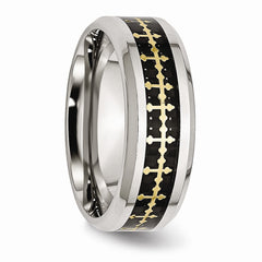 Stainless Steel Polished w/Carbon Fiber Inlay/Yellow IP-plated Cross Ring