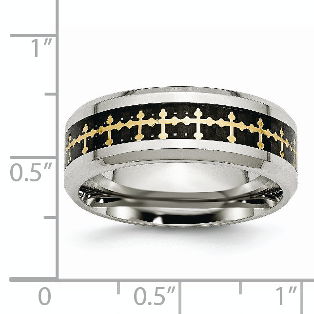 Stainless Steel Polished Yellow IP WithCarbon Fiber Inlay Cross 8mm Band