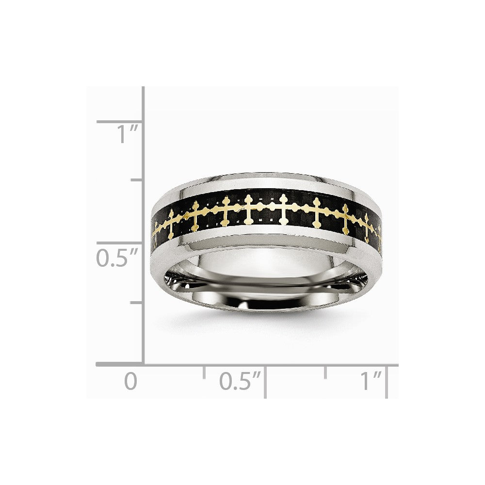 Stainless Steel Polished w/Carbon Fiber Inlay/Yellow IP-plated Cross Ring