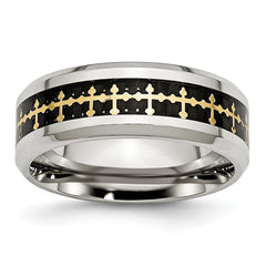 Stainless Steel Polished Yellow IP WithCarbon Fiber Inlay Cross 8mm Band