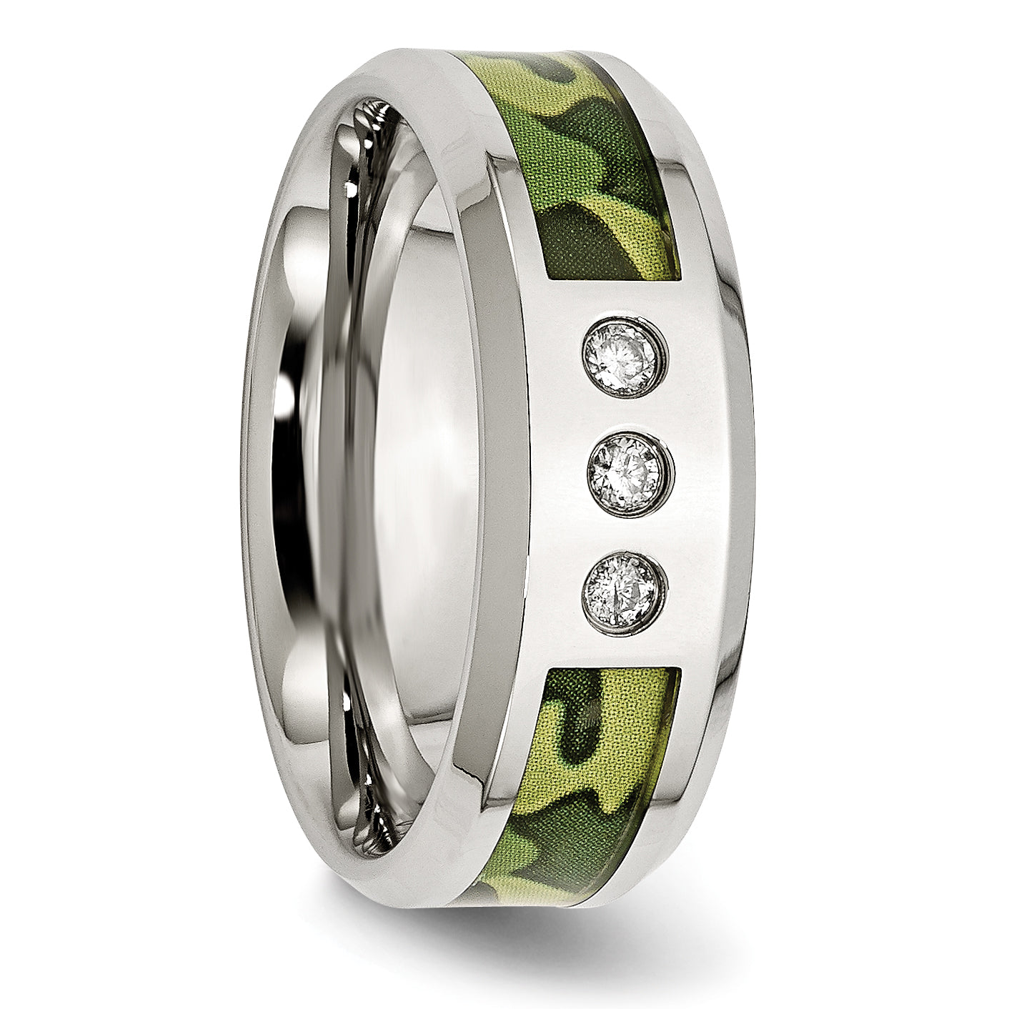 Stainless Steel Polished Camouflage 1/10 Carat Diamond 8mm Band