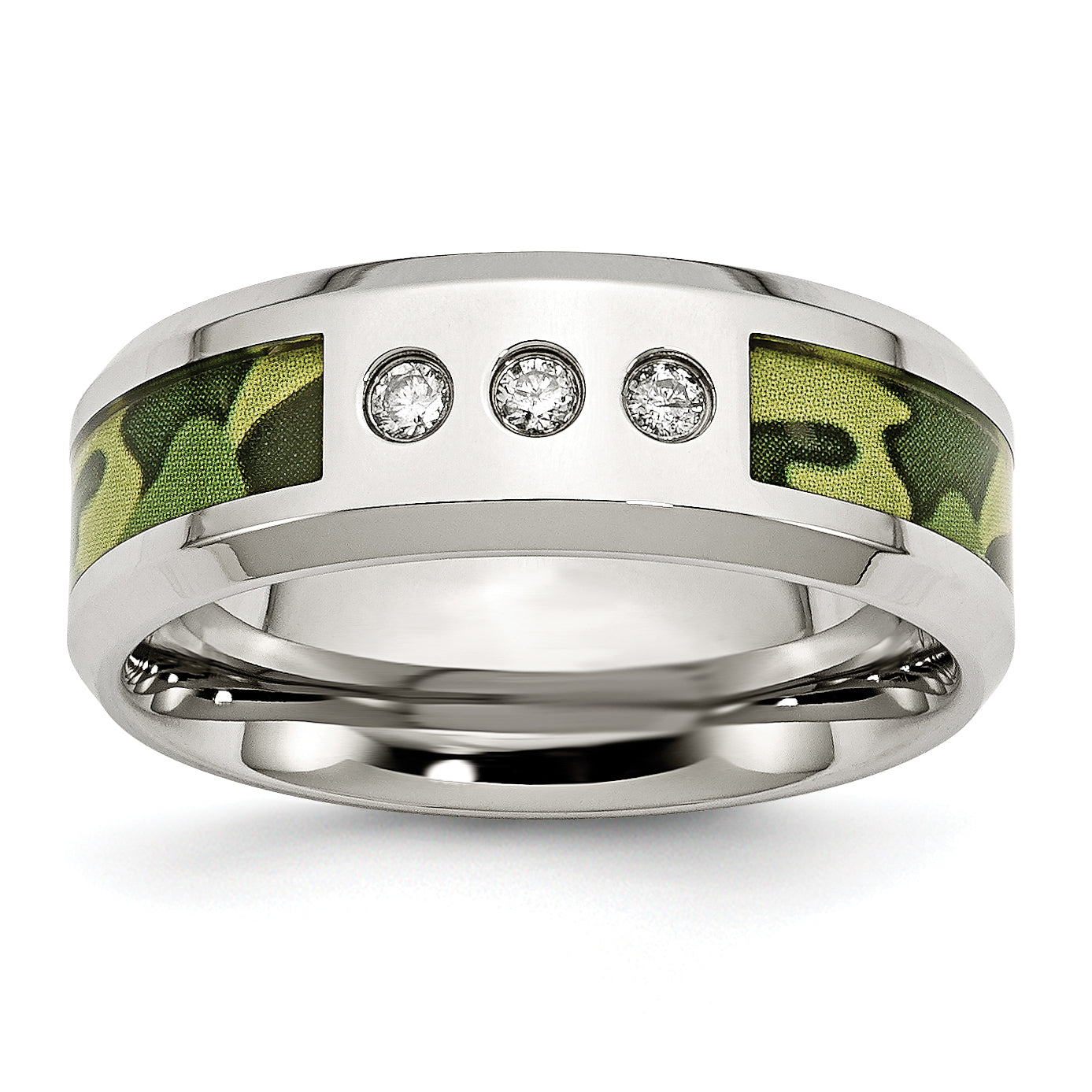 Stainless Steel Polished Camouflage 1/10 Carat Diamond 8mm Band