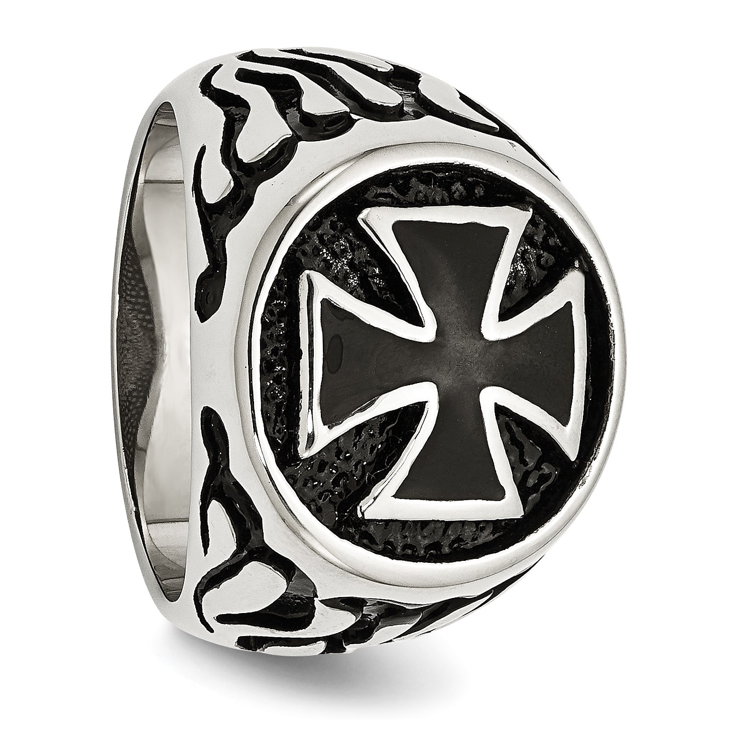 Stainless Steel Antiqued Polished and Textured Black IP-plated Cross Ring