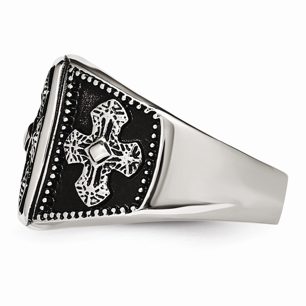 Stainless Steel Polished and Antiqued Cross Ring