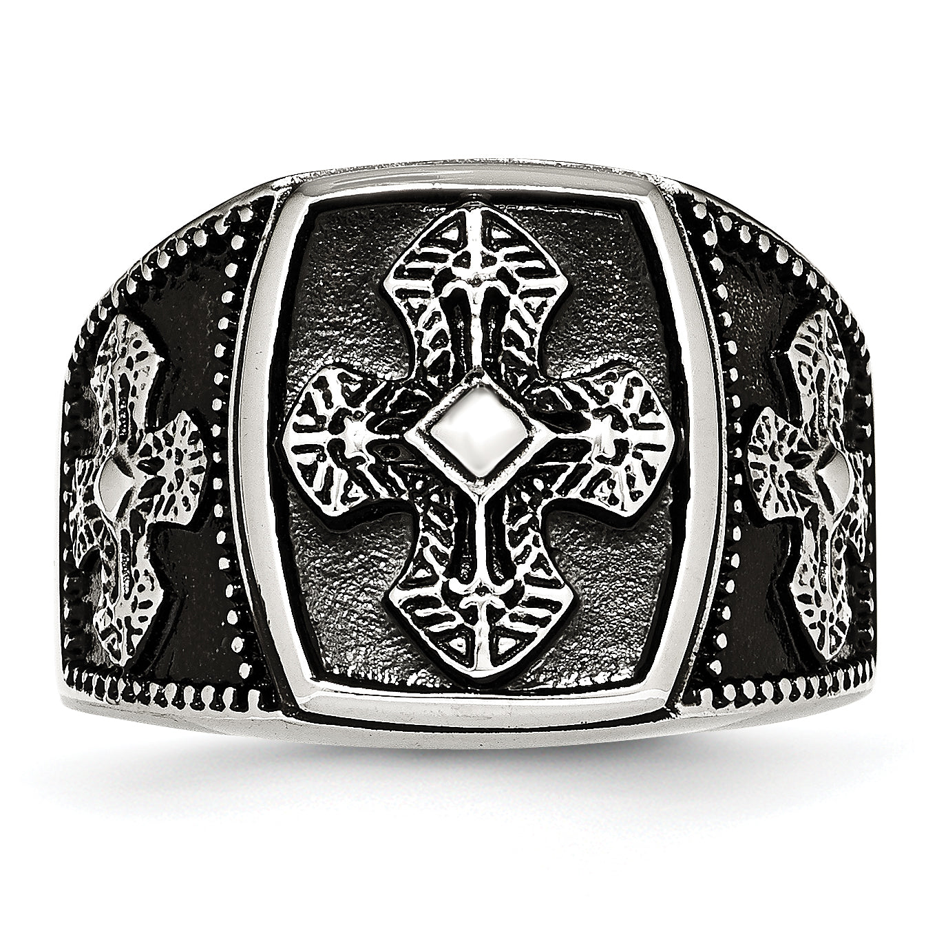 Stainless Steel Antiqued Polished and Textured Cross Ring