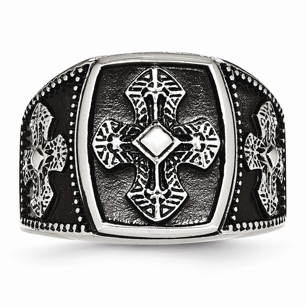 Stainless Steel Polished and Antiqued Cross Ring