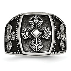 Stainless Steel Antiqued Polished and Textured Cross Ring