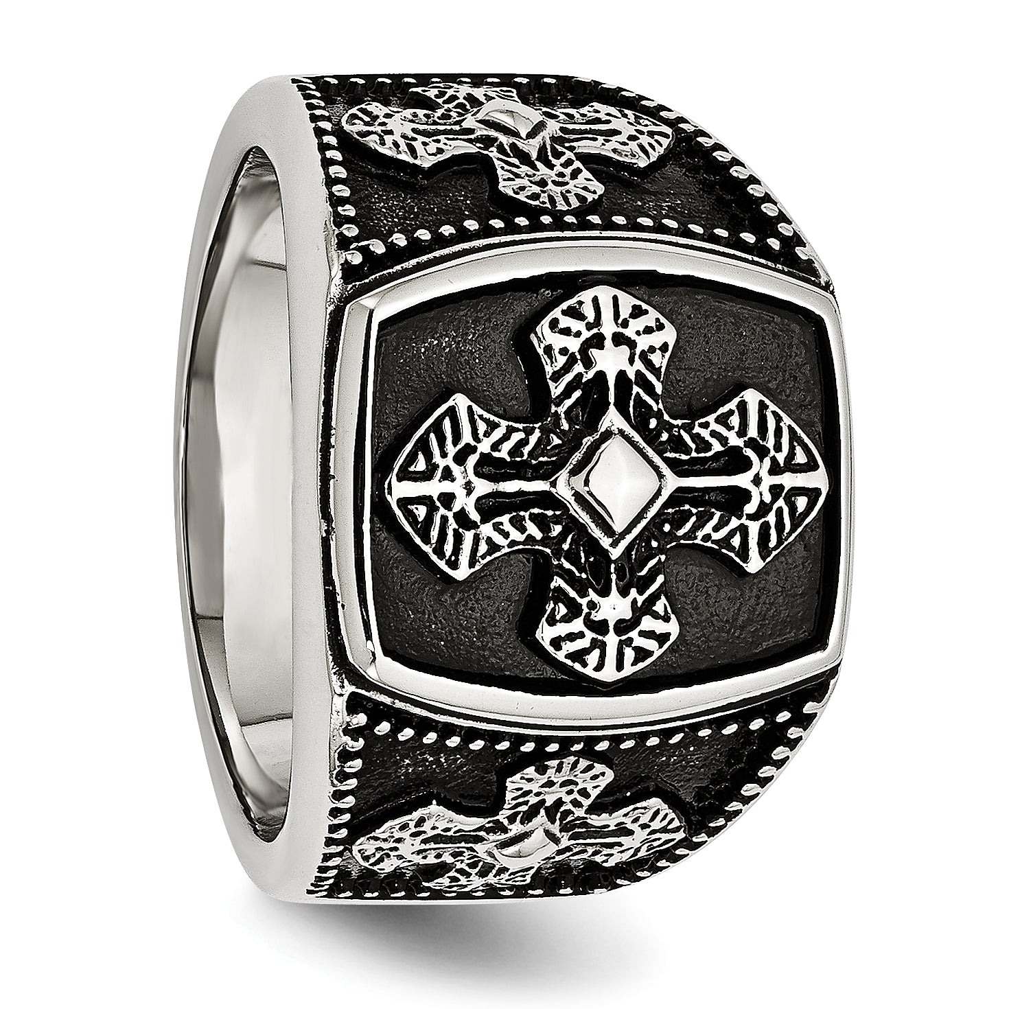 Stainless Steel Antiqued Polished and Textured Cross Ring