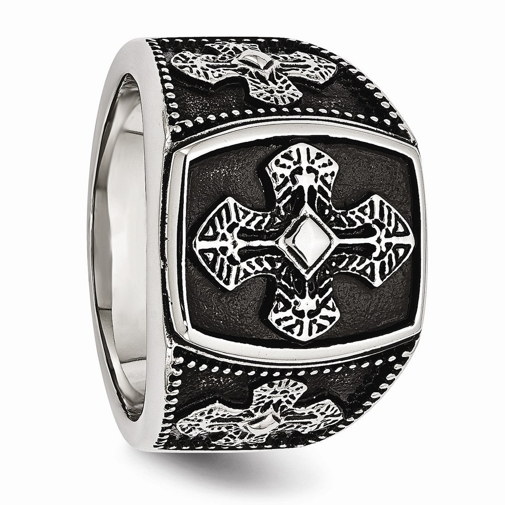 Stainless Steel Polished and Antiqued Cross Ring