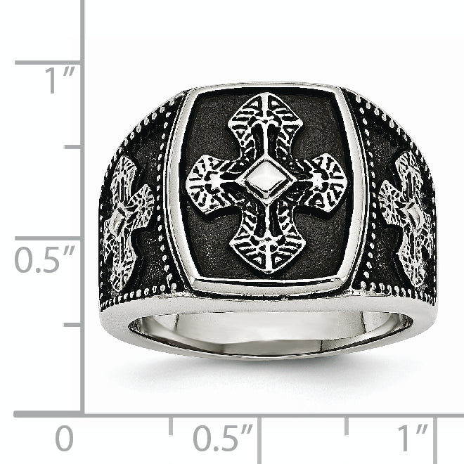 Stainless Steel Antiqued Polished and Textured Cross Ring