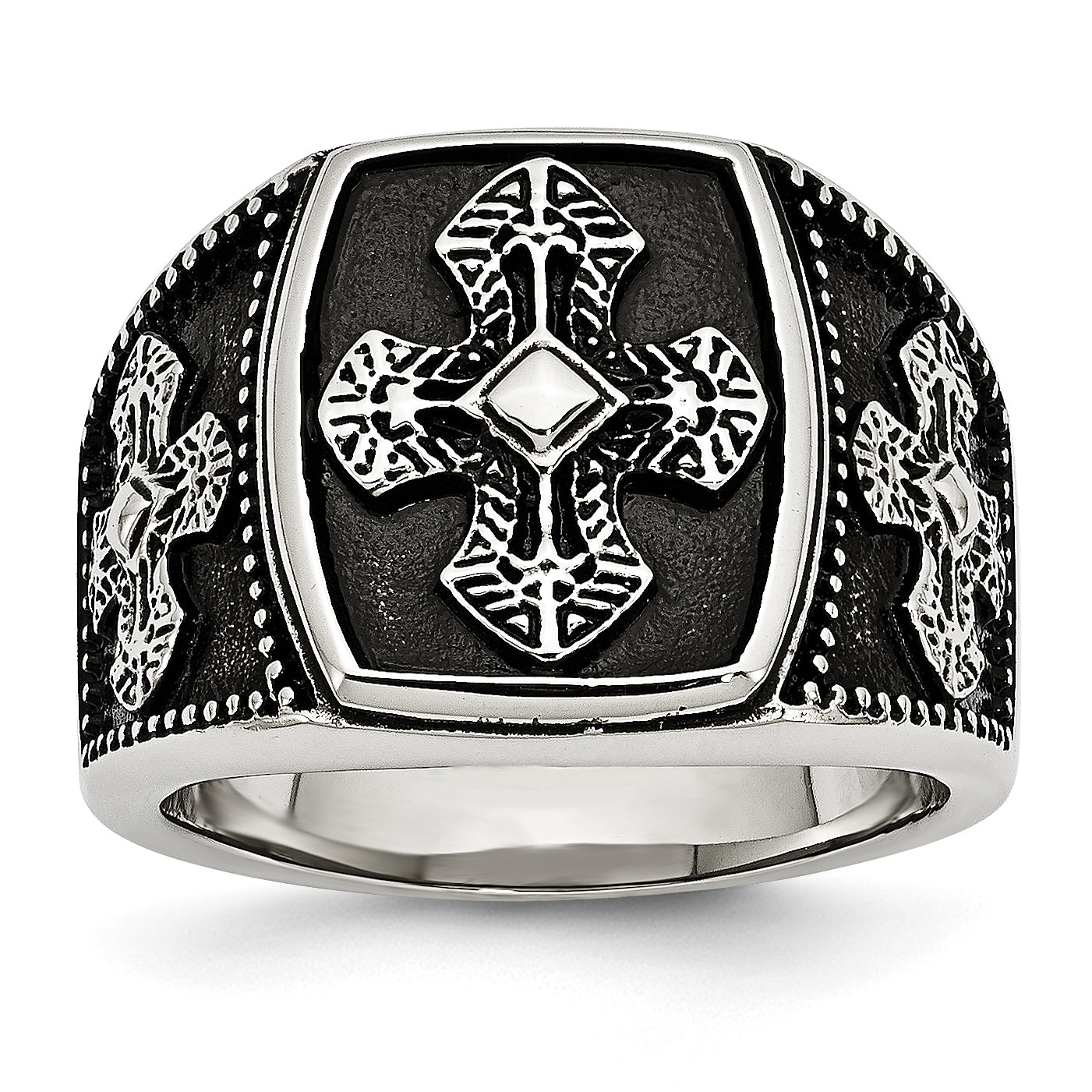 Stainless Steel Antiqued Polished and Textured Cross Ring