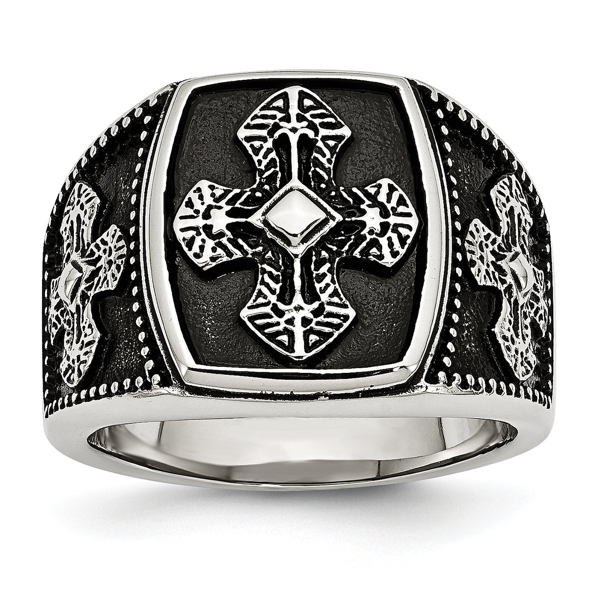 Stainless Steel Antiqued Polished and Textured Cross Ring